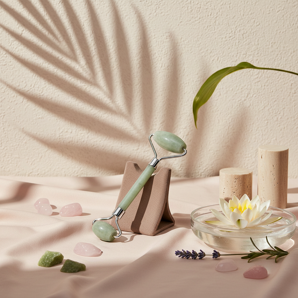 A light green jade crystal face roller resting on a stand beside a glass bowl with a floating white flower, small crystals, and soft botanical shadows on a neutral textured background. — for Carpe Diem Dream