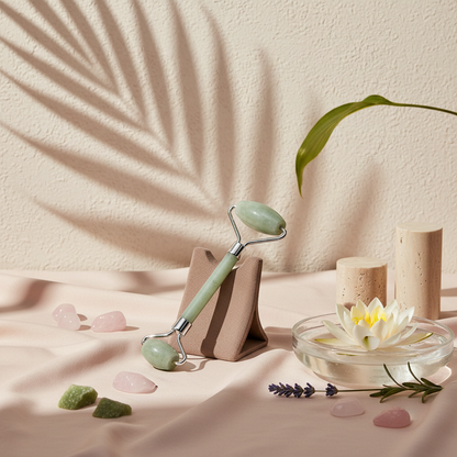 A light green jade crystal face roller resting on a stand beside a glass bowl with a floating white flower, small crystals, and soft botanical shadows on a neutral textured background. — for Carpe Diem Dream