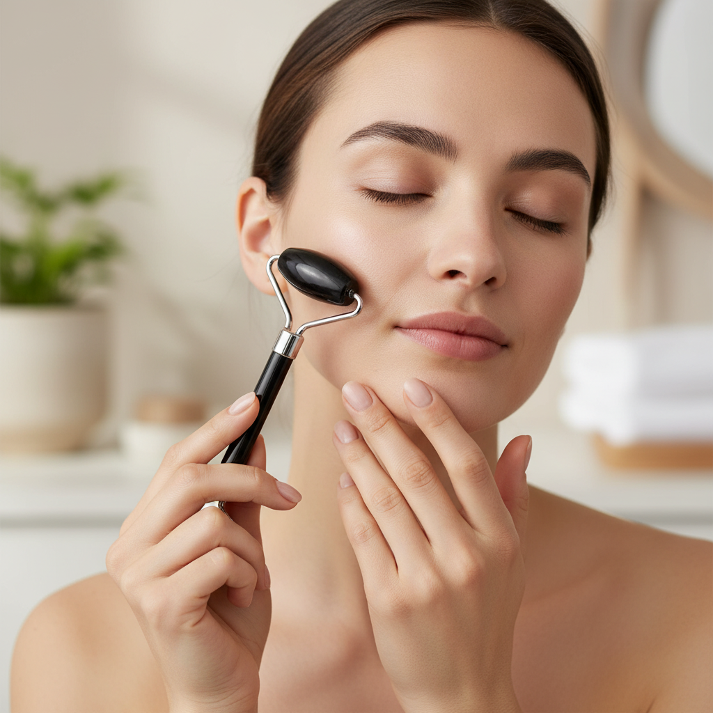 A woman gently using a black crystal face roller on her cheek with eyes closed in a calm skincare setting. — for Carpe Diem Dream