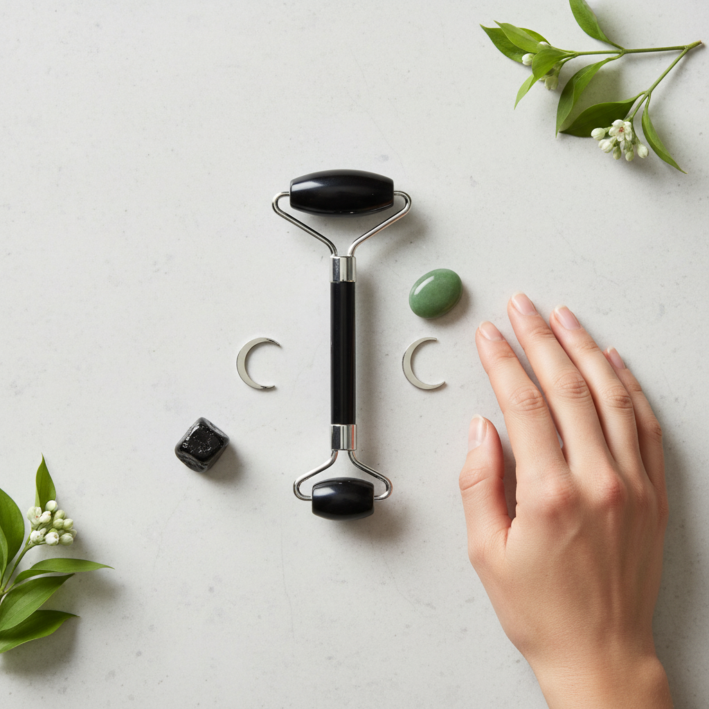A black crystal face roller placed on a light surface beside a hand with small stones and delicate botanical accents. — for Carpe Diem Dream
