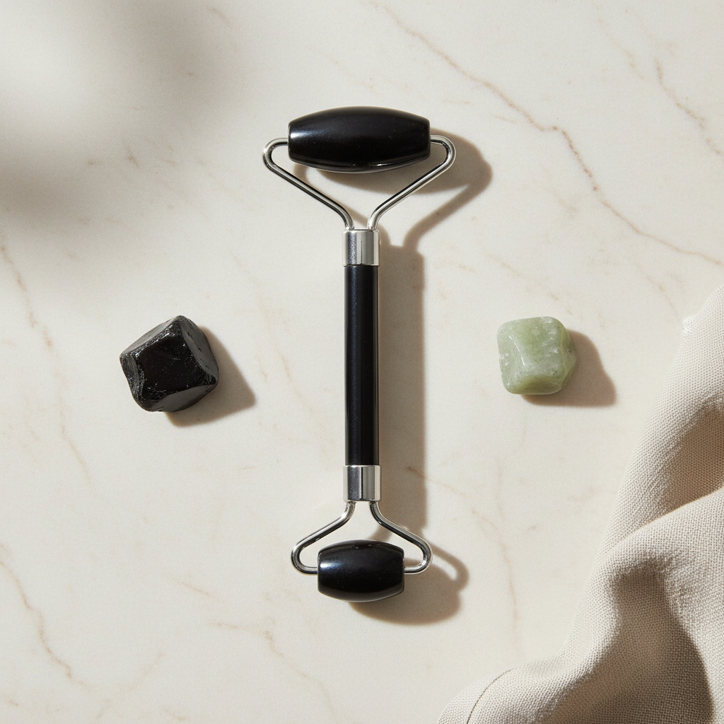 A black crystal face roller placed on a light marble surface beside two small polished stones with soft natural shadows. — for Carpe Diem Dream