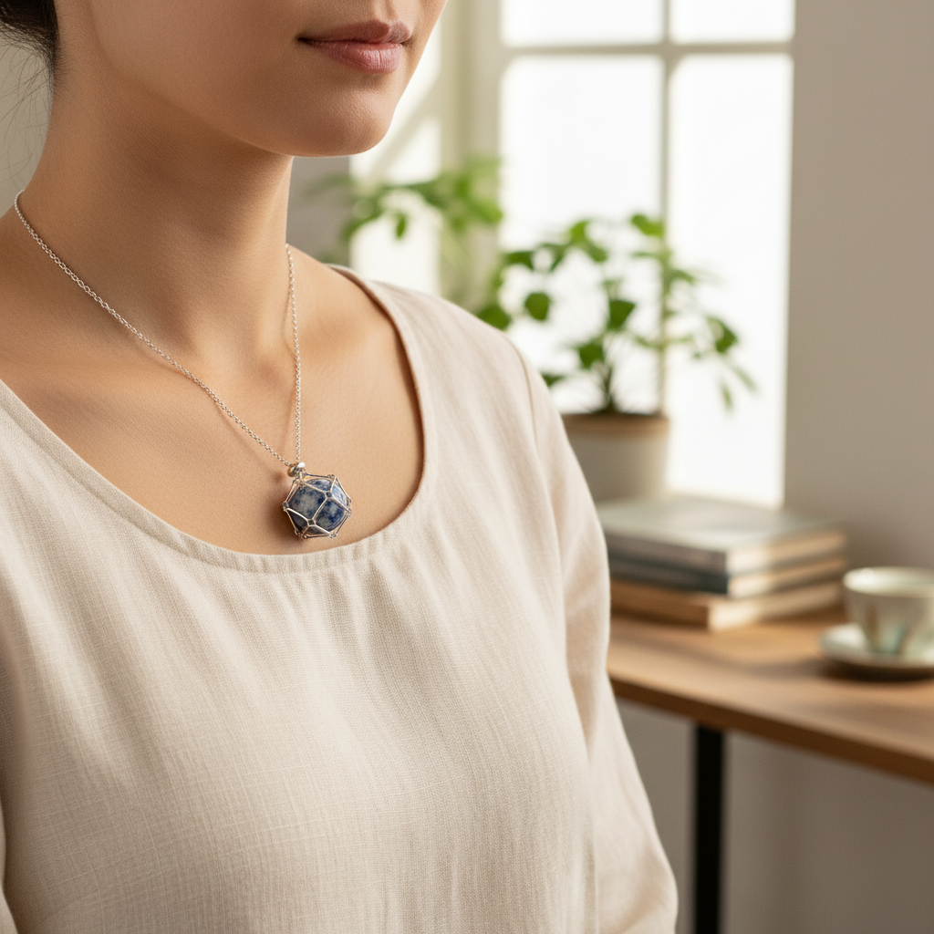 A crystal gem holder necklace with a blue stone in a silver wire cage worn by a woman in a soft neutral interior setting. — for Carpe Diem Dream
