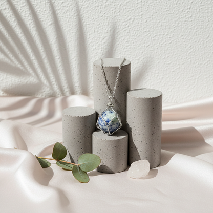 A crystal gem holder necklace with a blue stone displayed on a concrete pedestal with soft botanical shadows and neutral fabric draping. — for Carpe Diem Dream
