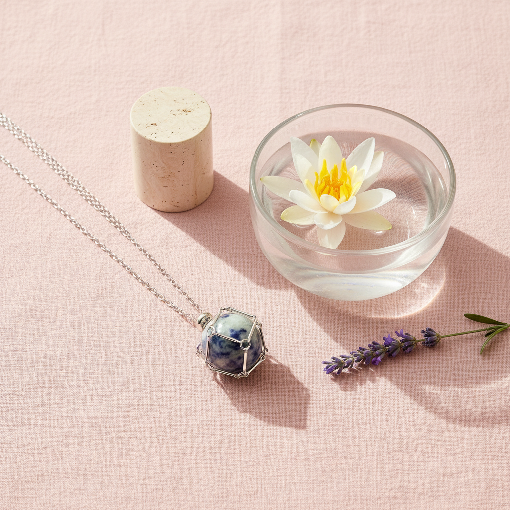 A crystal gem holder necklace with a blue stone in a silver wire cage arranged beside a glass bowl, lotus flower, and lavender sprig on a soft blush surface. — for Carpe Diem Dream
