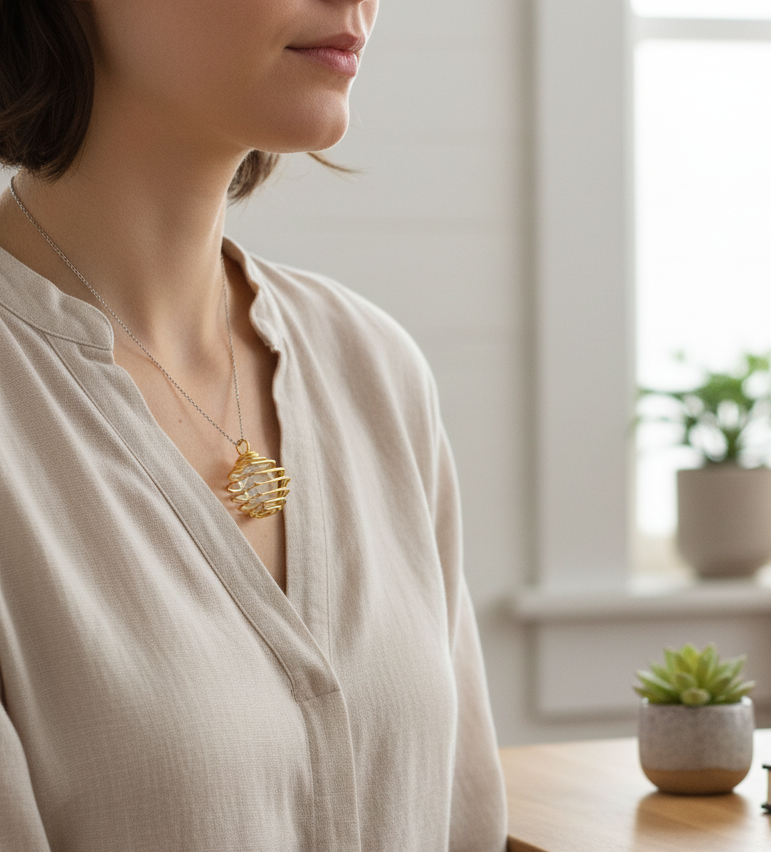 A gold spiral crystal cage pendant worn on a necklace by a woman in a soft neutral interior setting to show real-world scale and style. — for Carpe Diem Dream