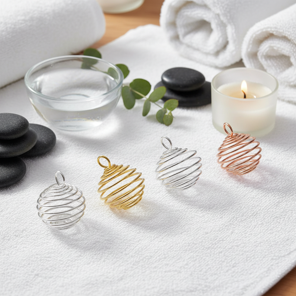 A set of silver, gold, and copper spiral crystal cage pendants arranged on a white spa towel beside candles and greenery. — for Carpe Diem Dream