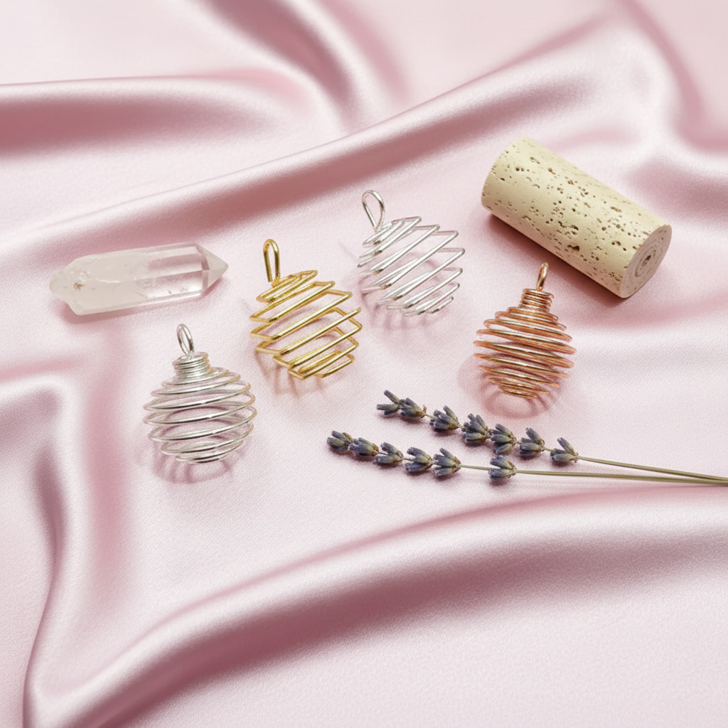 A set of silver, gold, and copper spiral crystal cage pendants arranged on a soft blush satin surface with a clear quartz point and lavender sprigs. — for Carpe Diem Dream