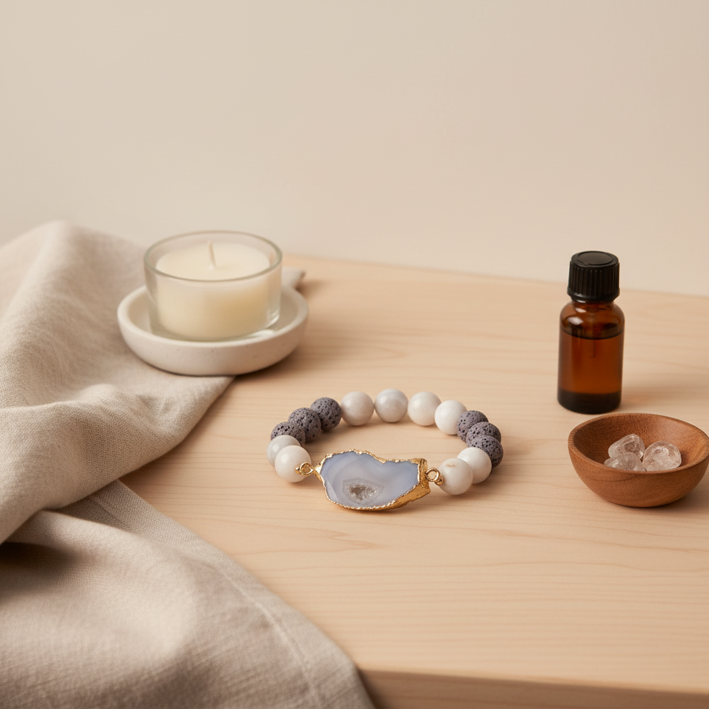 A crystal and gold lava stone stretch bracelet displayed on a wooden surface beside a candle, an amber essential oil bottle, and small crystals. — for Carpe Diem Dream