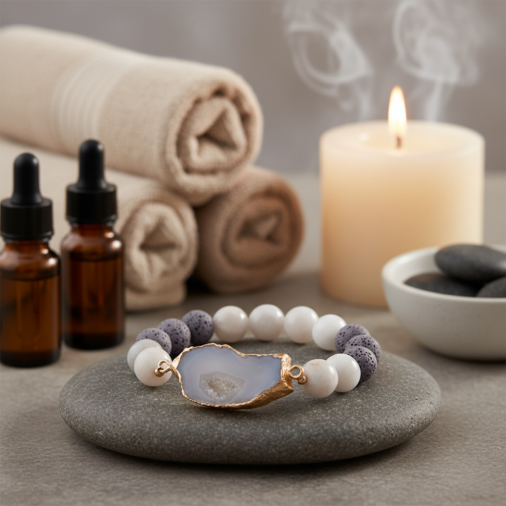 A crystal and gold lava stone stretch bracelet displayed on a smooth stone pedestal beside amber essential oil bottles, rolled towels, and a lit candle with steam rising in a spa setting. — for Carpe Diem Dream