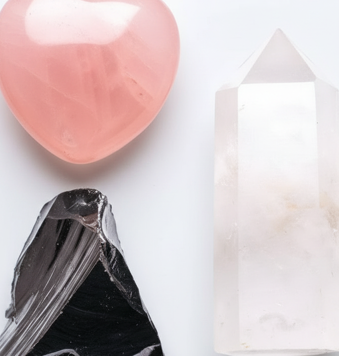 Clear quartz point, pink rose quartz heart, and raw black obsidian magnet displayed on a softly textured surface. — for Carpe Diem Dream