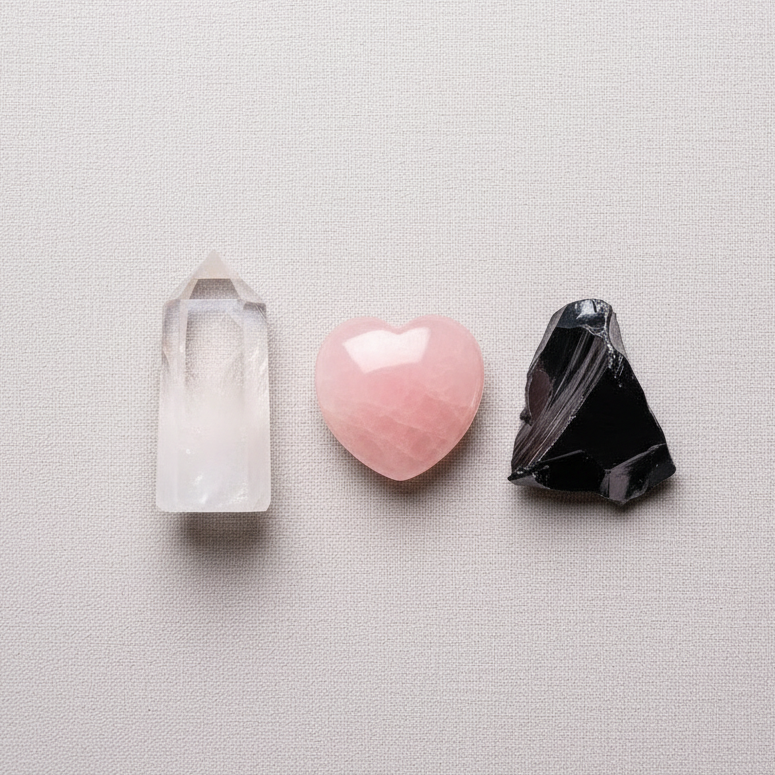 Clear quartz point, pink rose quartz heart, and raw black obsidian magnet displayed on a soft textured surface. — for Carpe Diem Dream
