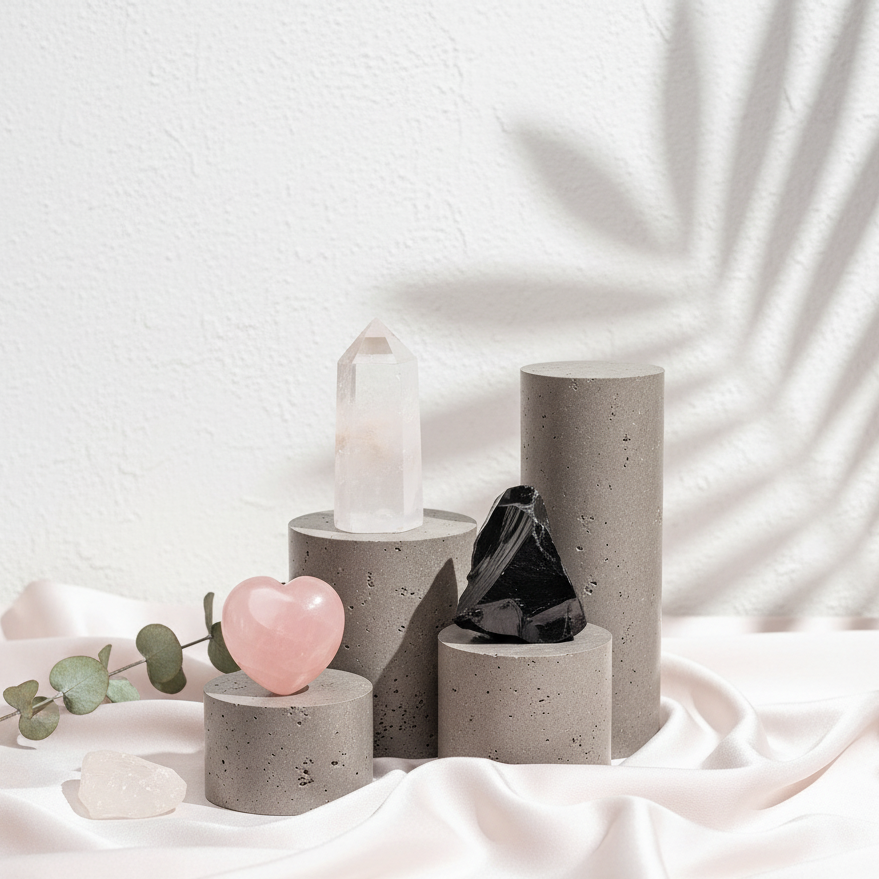 Clear quartz point, pink rose quartz heart, and raw black obsidian magnet arranged on concrete cylinders with soft silk draping and botanical shadows on a textured wall. — for Carpe Diem Dream