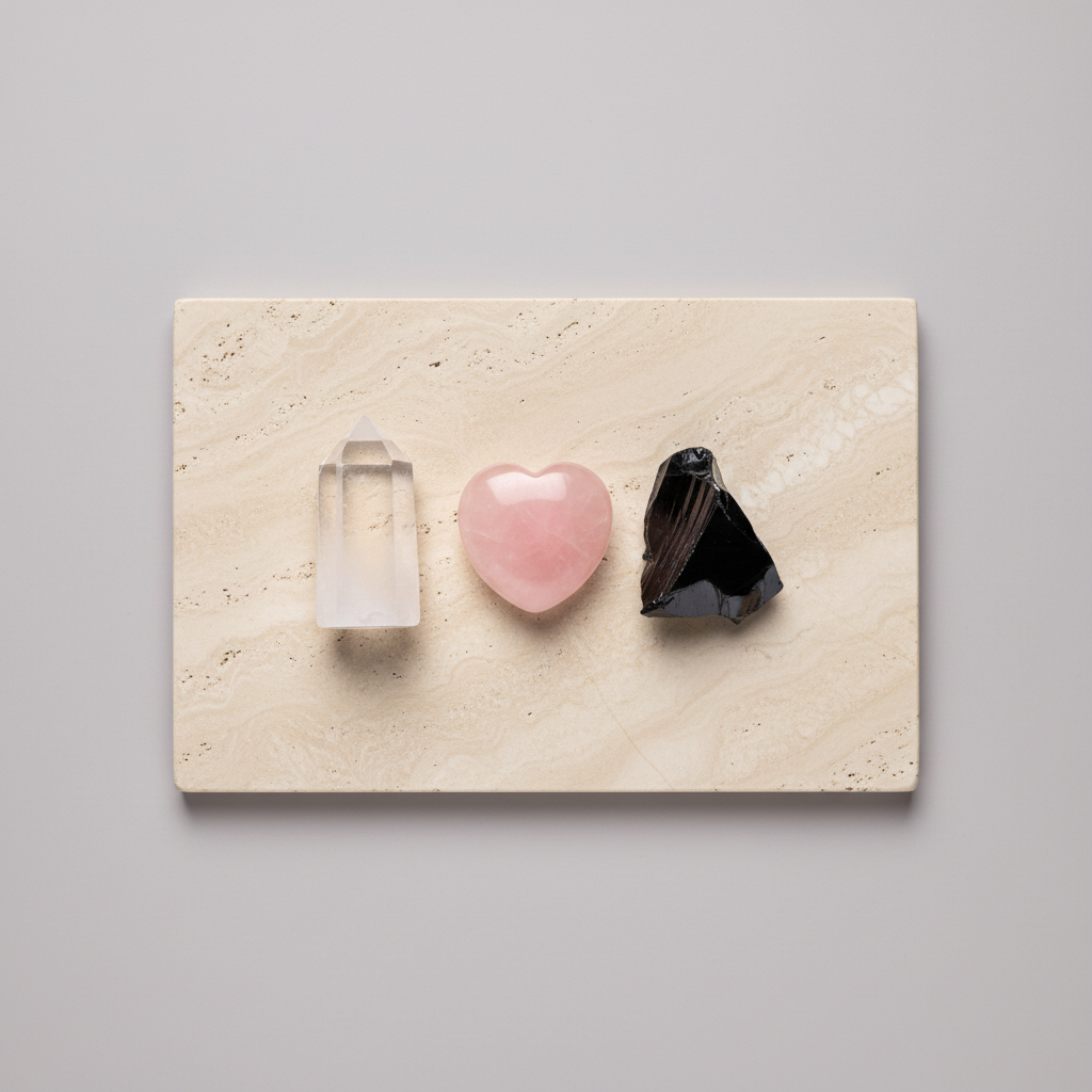 Clear quartz point, rose quartz heart, and raw black obsidian magnet arranged on a travertine slab against a soft neutral backdrop. — for Carpe Diem Dream