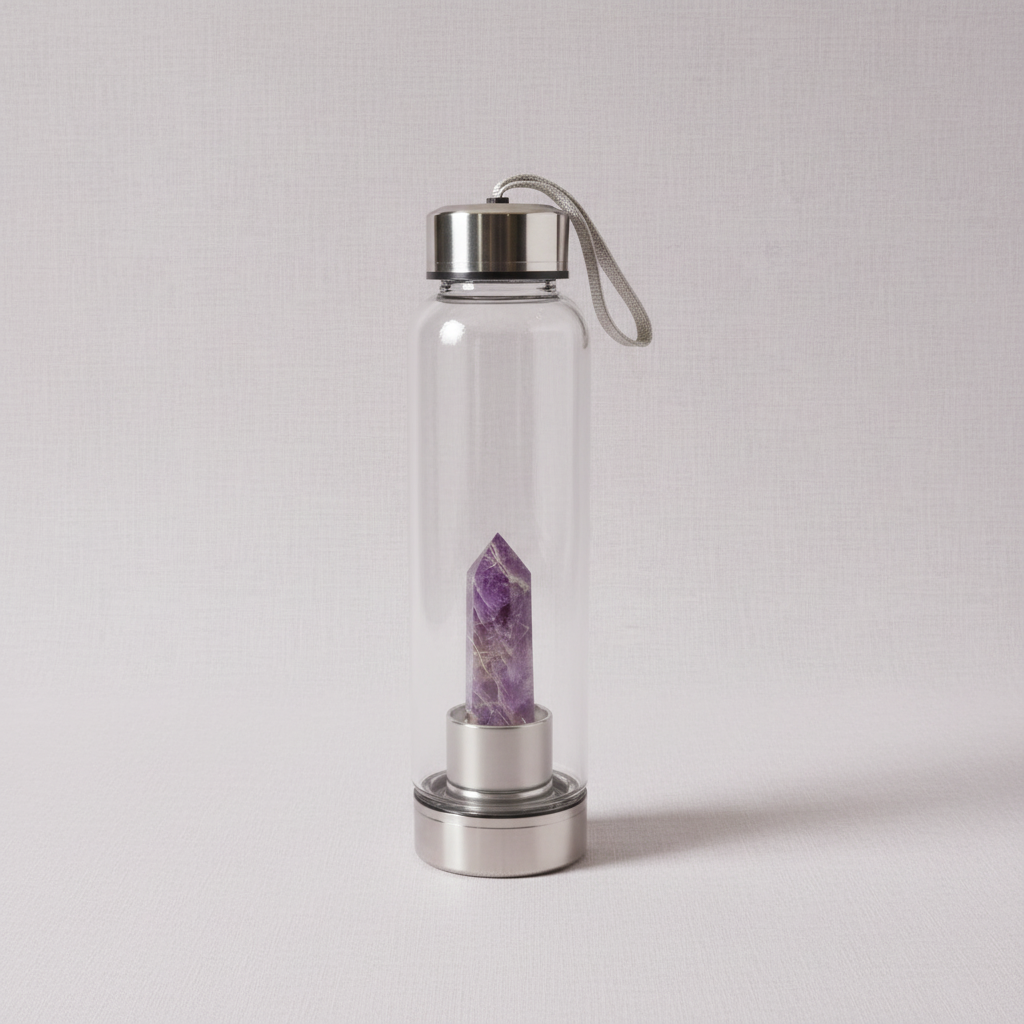 A crystal infused glass water bottle with an amethyst point inside and a stainless steel cap standing upright against a soft neutral background. — for Carpe Diem Dream