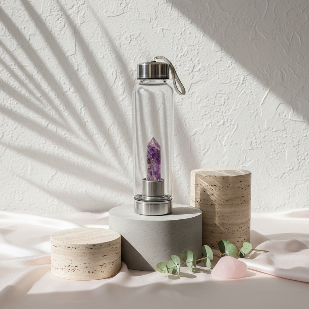 A crystal infused glass water bottle with an amethyst point displayed on stone pedestals with soft botanical shadows and blush fabric accents. — for Carpe Diem Dream