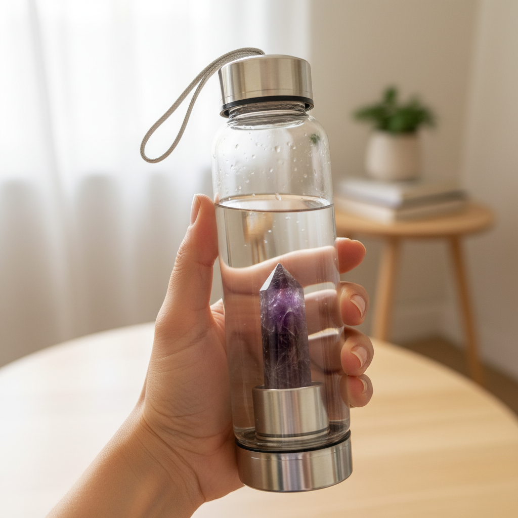 A crystal infused glass water bottle being held in a hand with an amethyst point visible inside in a calm home setting. — for Carpe Diem Dream
