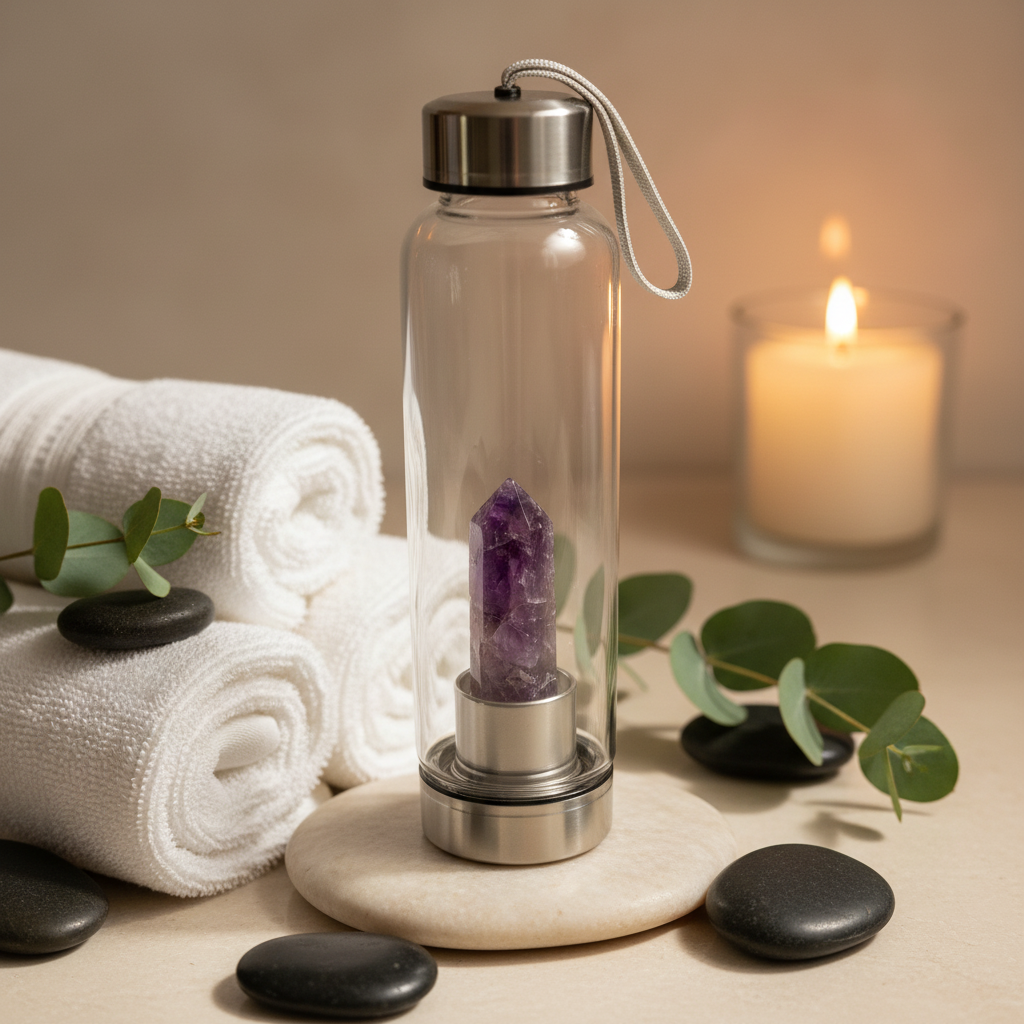 A crystal infused glass water bottle with an amethyst point resting beside a candle, spa stones, and folded towels in a calm wellness setting. — for Carpe Diem Dream
