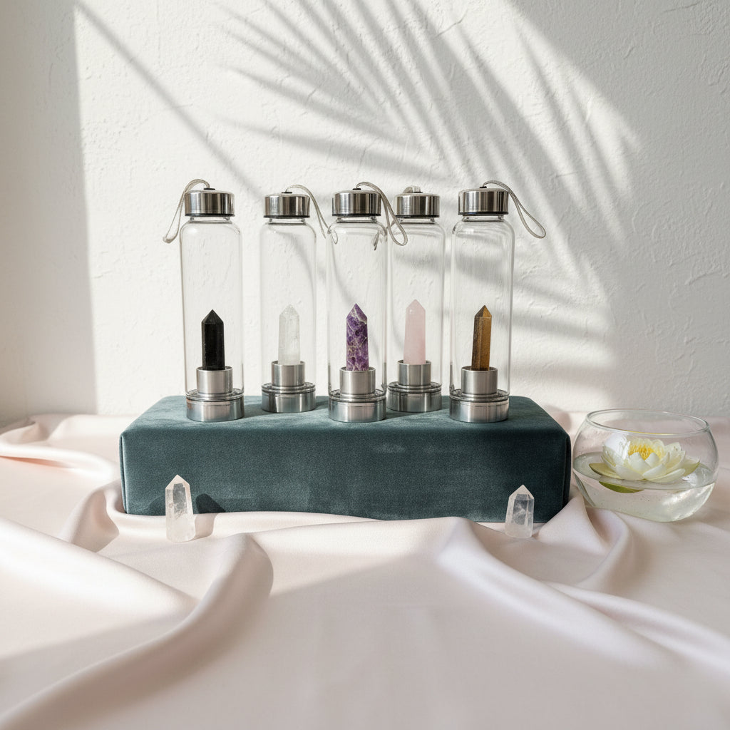 Five crystal infused glass water bottles with stainless steel chambers displayed on a velvet stand with botanical shadows and silk fabric accents. — for Carpe Diem Dream