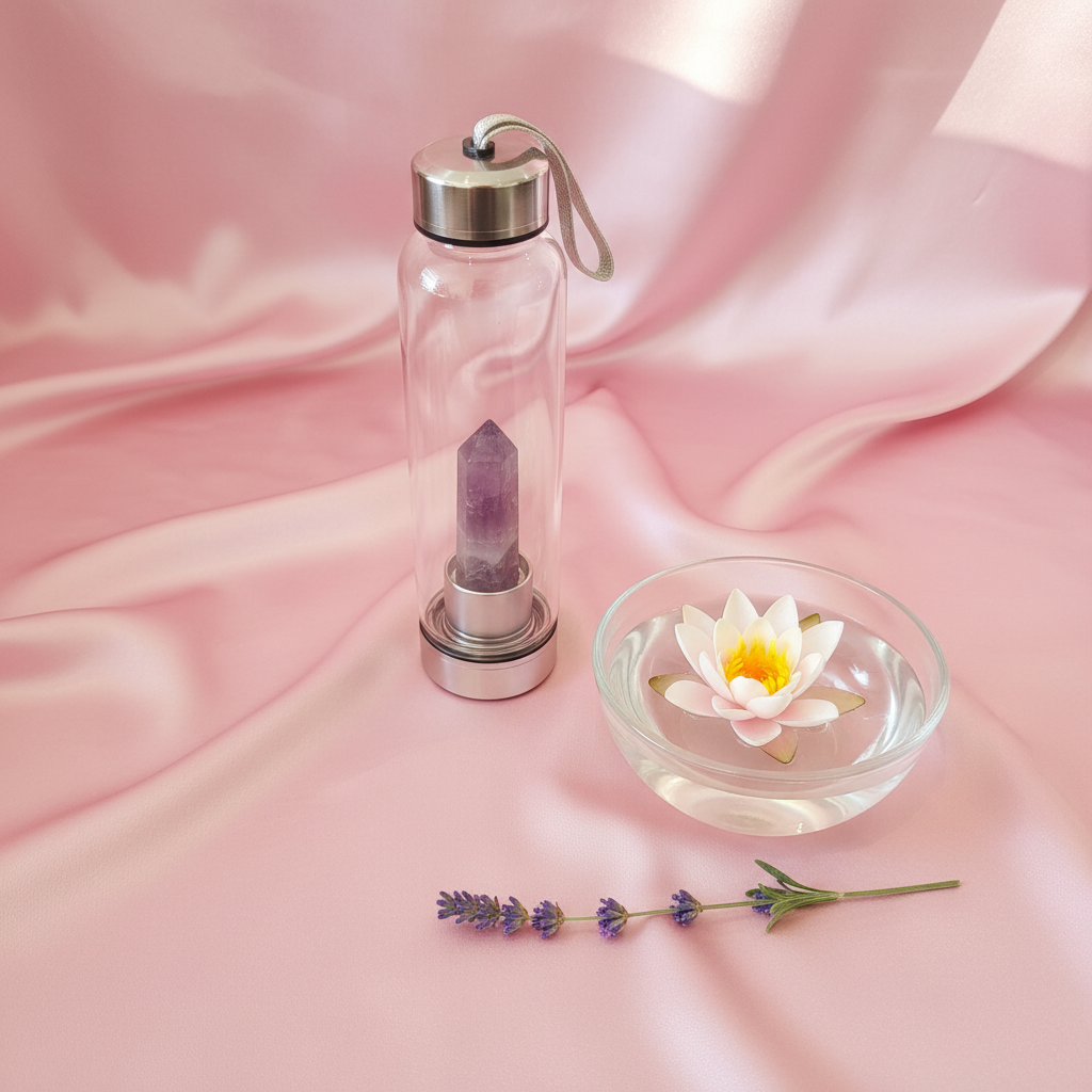 A crystal infused glass water bottle with an amethyst point displayed beside a lotus bowl and lavender sprig on a blush fabric background. — for Carpe Diem Dream