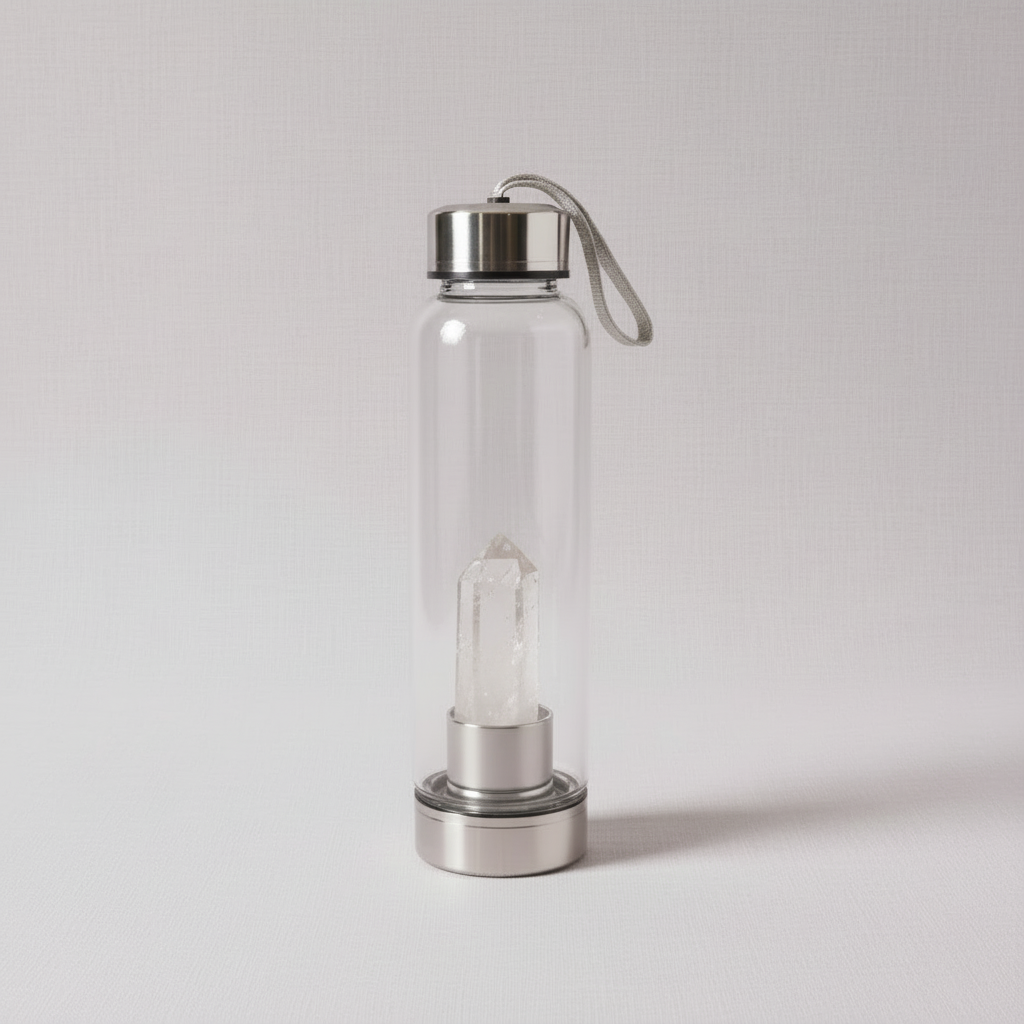 A clear glass crystal-infused water bottle featuring a transparent clear quartz point within the inner stainless steel chamber. — for Carpe Diem Dream