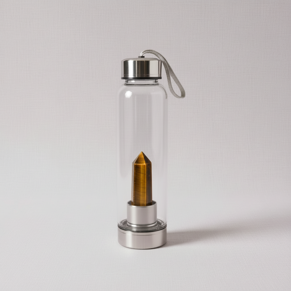 A clear glass crystal-infused water bottle showcasing a golden brown tiger eye point inside the stainless steel infusion chamber. — for Carpe Diem Dream