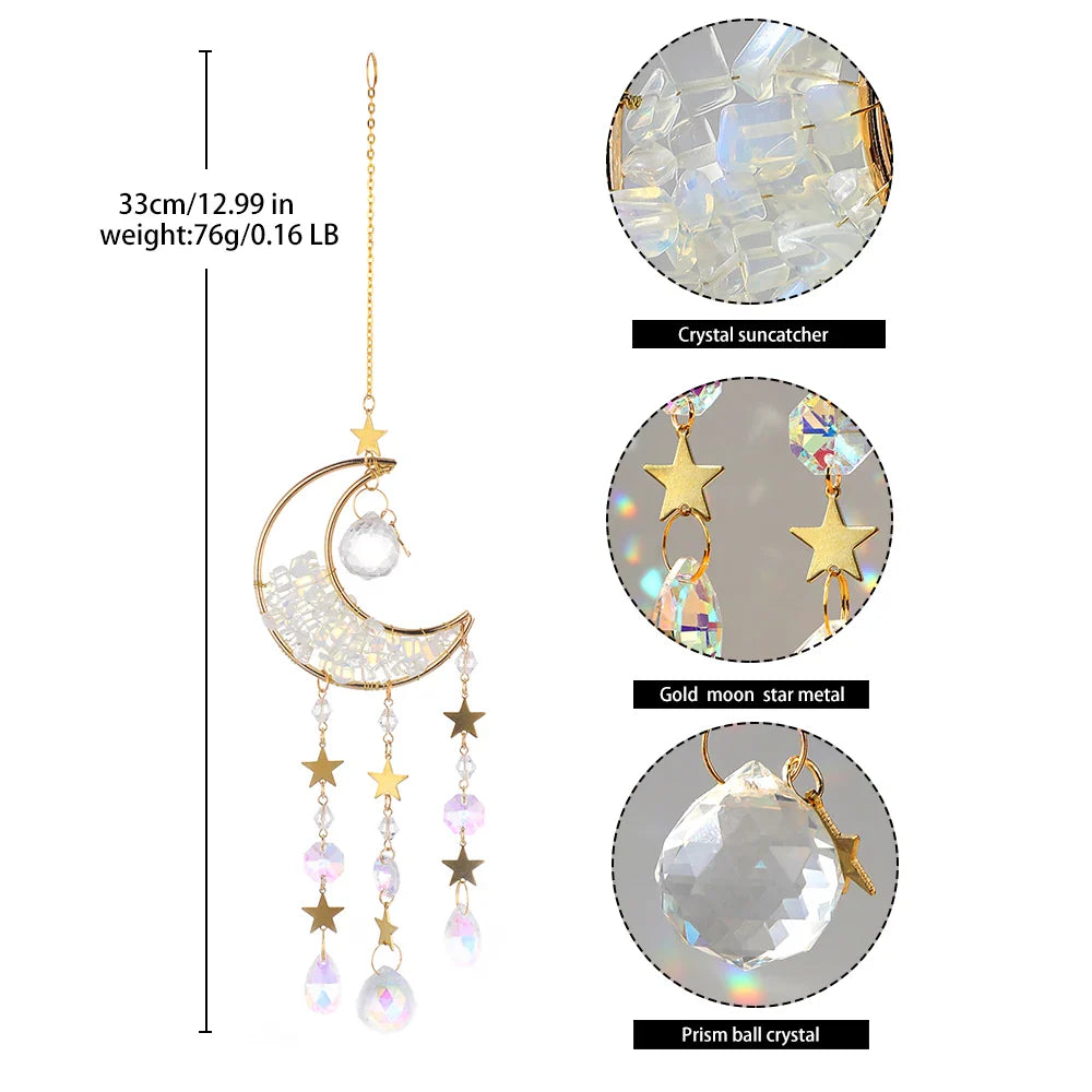 A crystal moon suncatcher displayed with measurement details showing 33 cm length and close-up insets of stone chips, gold star accents, and a faceted prism ball crystal. — for Carpe Diem Dream