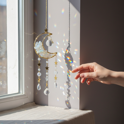 A hand gently touching a crystal moon suncatcher hanging in a sunlit window, casting natural rainbow light reflections onto the wall and surface below. — for Carpe Diem Dream