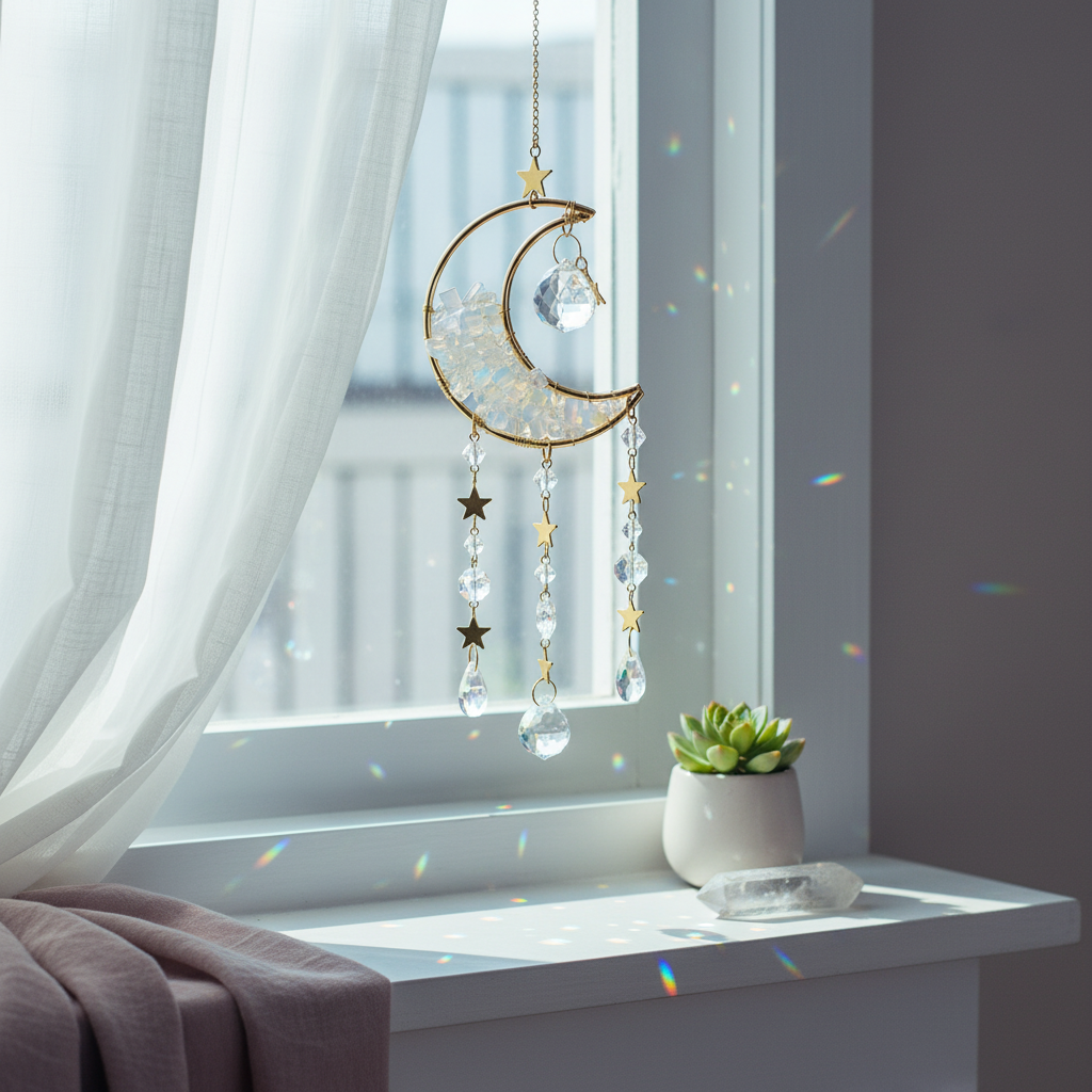 A crystal moon suncatcher hanging in a sunlit window with sheer curtains, casting soft rainbow reflections across a windowsill with a small plant and clear crystal. — for Carpe Diem Dream