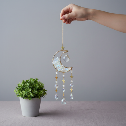 A hand holding a crystal moon suncatcher by its gold chain above a neutral linen surface with a small green plant nearby, showing true size and full length. — for Carpe Diem Dream