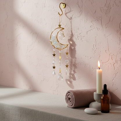 A crystal moon suncatcher hanging on a textured wall above a linen-covered surface with a lit candle, amber dropper bottle, rolled towel, and smooth stones, creating a calming spa-inspired setting. — for Carpe Diem Dream