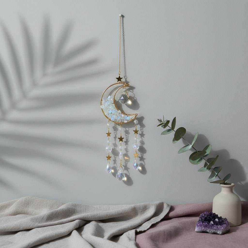 A crystal moon suncatcher with gold crescent moon and hanging prism crystals displayed on a linen surface with soft botanical shadows, a small vase, and crystals in natural light. — for Carpe Diem Dream