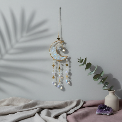 A crystal moon suncatcher with gold crescent moon and hanging prism crystals displayed on a linen surface with soft botanical shadows, a small vase, and crystals in natural light. — for Carpe Diem Dream