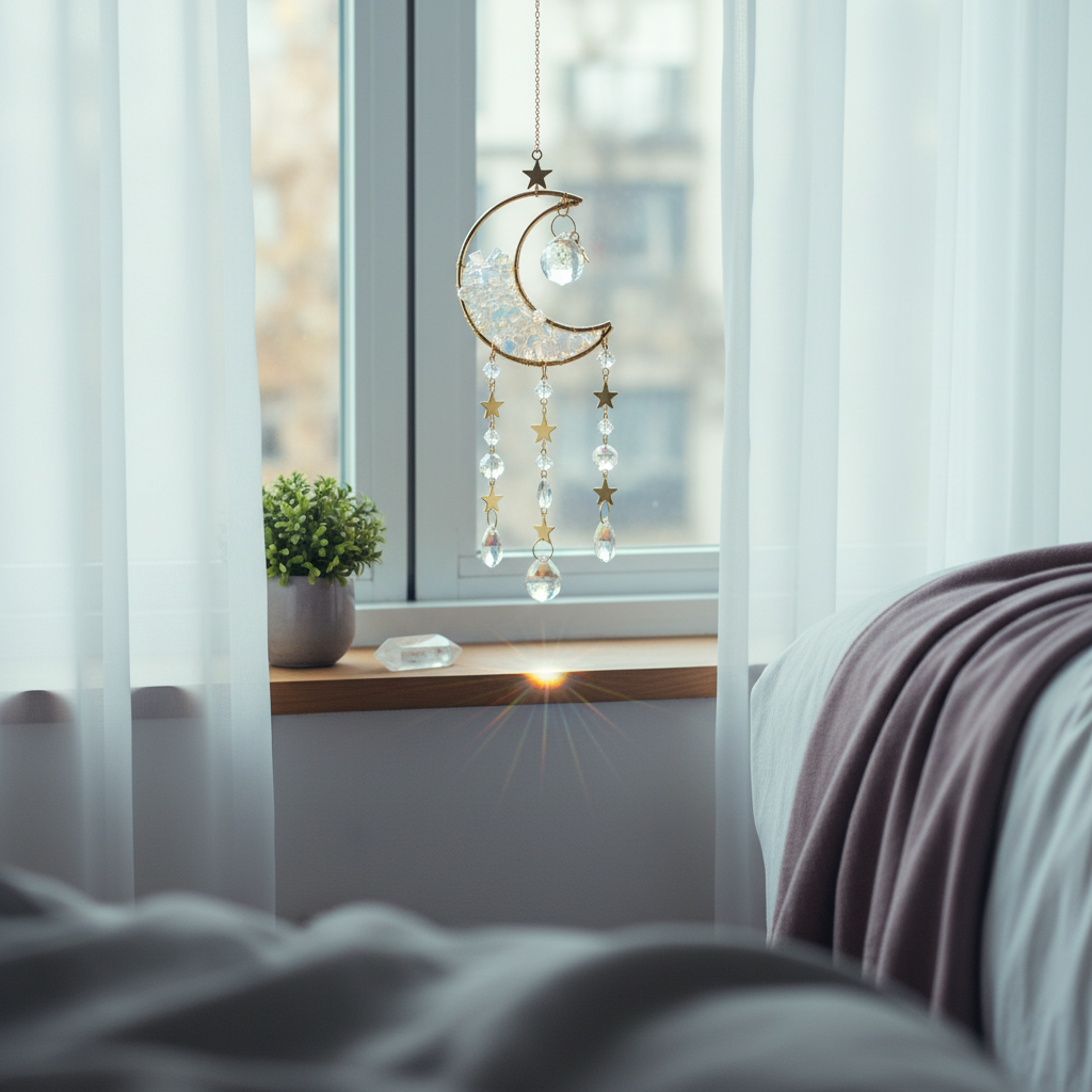 A crystal moon suncatcher hanging in a bright window with sheer curtains and a bedside table below, creating a soft, serene bedroom atmosphere. — for Carpe Diem Dream