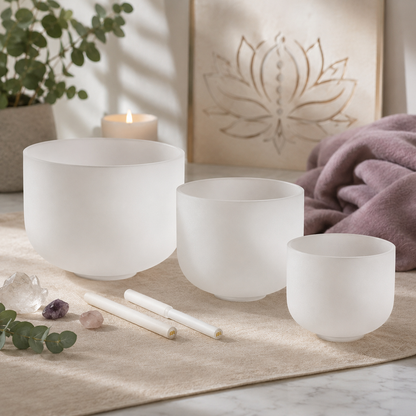 Three frosted white crystal singing bowls with matching mallets arranged in a serene meditation setting with crystals, candlelight, eucalyptus, and soft mauve textiles, creating a peaceful sound healing space. — for Carpe Diem Dream