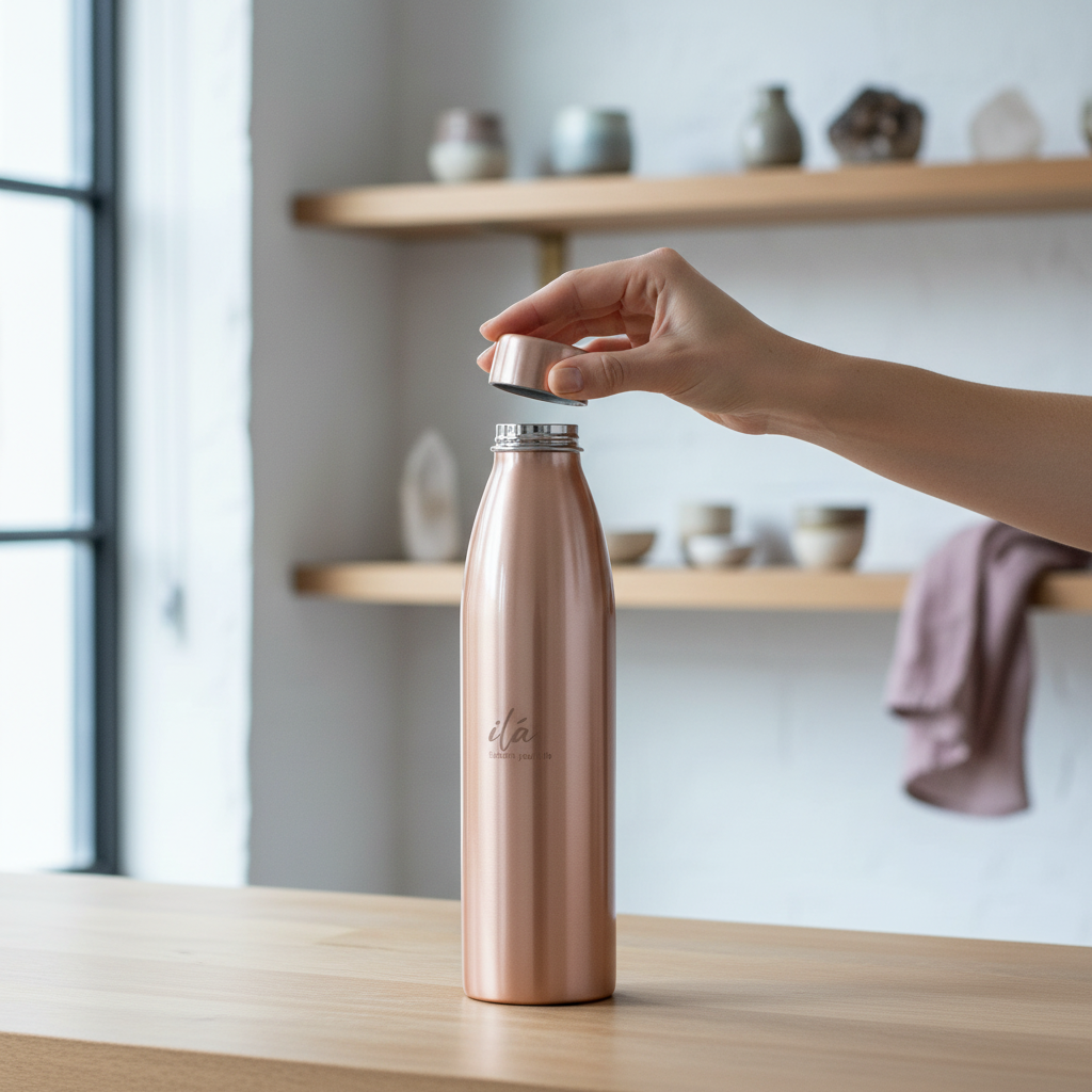Hand opening a brushed copper Ayurvedic water vessel in a softly lit wellness-inspired sanctuary setting. — for Carpe Diem Dream