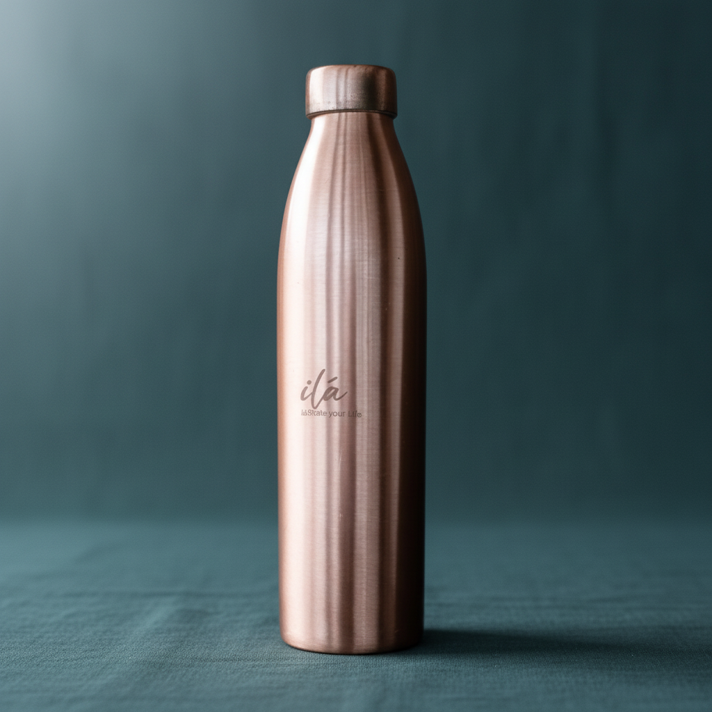 Tall brushed copper Ayurvedic water vessel displayed upright on deep teal textured linen with soft natural lighting. — for Carpe Diem Dream