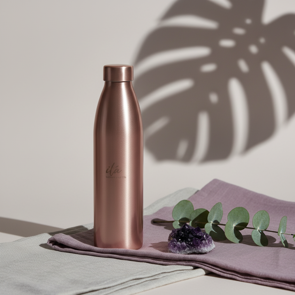 Brushed copper Ayurvedic water vessel displayed on layered mauve and ivory linen with eucalyptus and crystal accents in soft botanical lighting. — for Carpe Diem Dream
