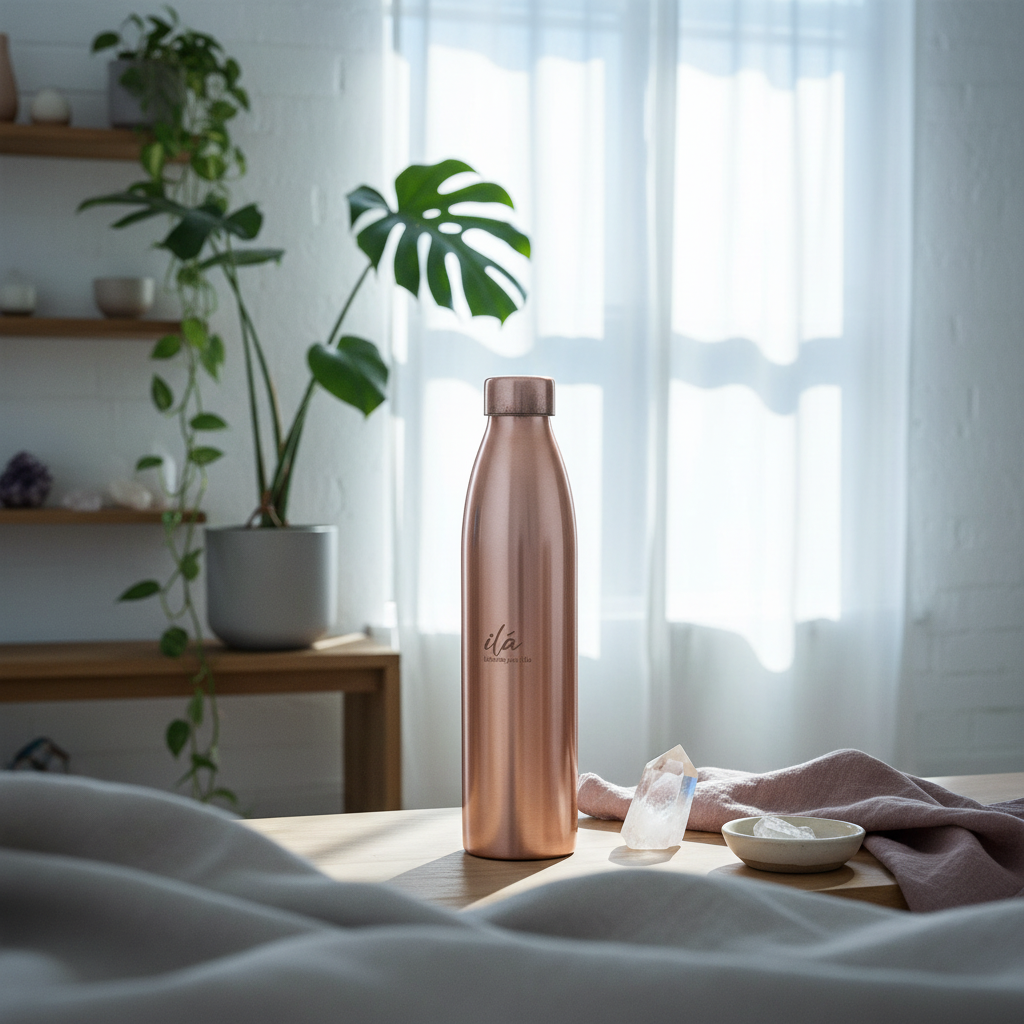 Brushed copper Ayurvedic water vessel displayed in a softly lit wellness sanctuary with crystals, natural textiles, and botanical accents. — for Carpe Diem Dream