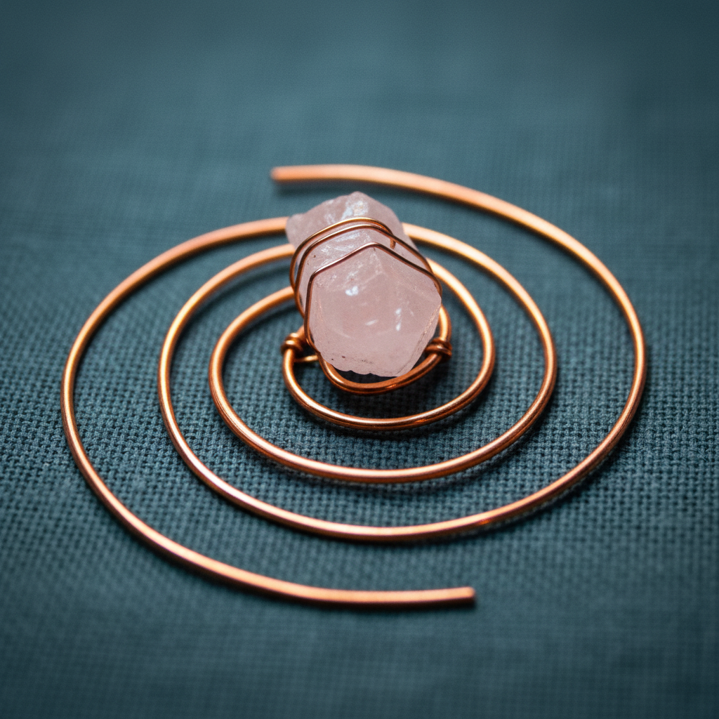 Rose quartz crystal wrapped in handcrafted copper spiral displayed on deep teal textured linen. — for Carpe Diem Dream