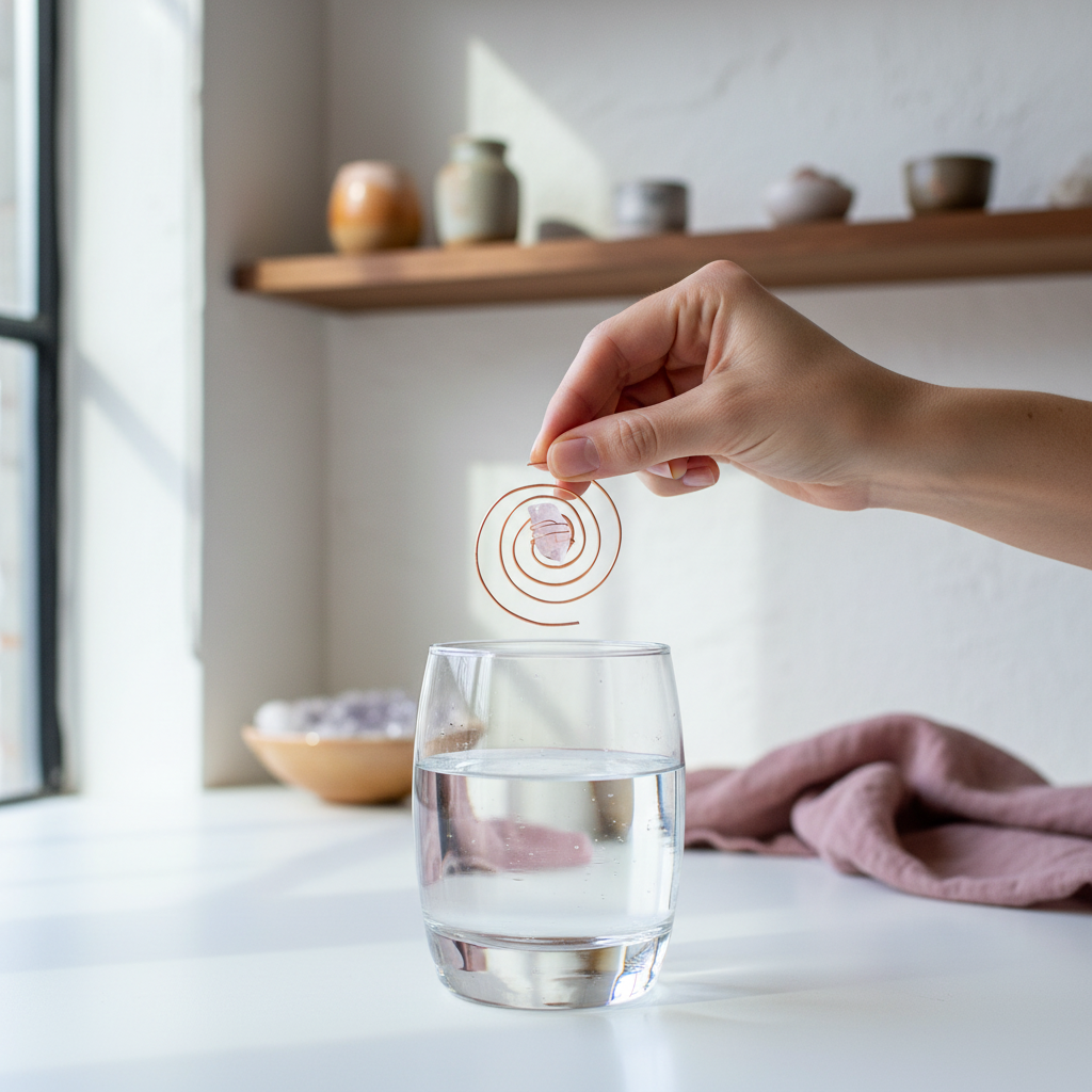 Hand holding copper spiral crystal water charger above a clear glass of water in a softly lit wellness-inspired sanctuary setting. — for Carpe Diem Dream