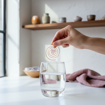 Hand holding copper spiral crystal water charger above a clear glass of water in a softly lit wellness-inspired sanctuary setting. — for Carpe Diem Dream