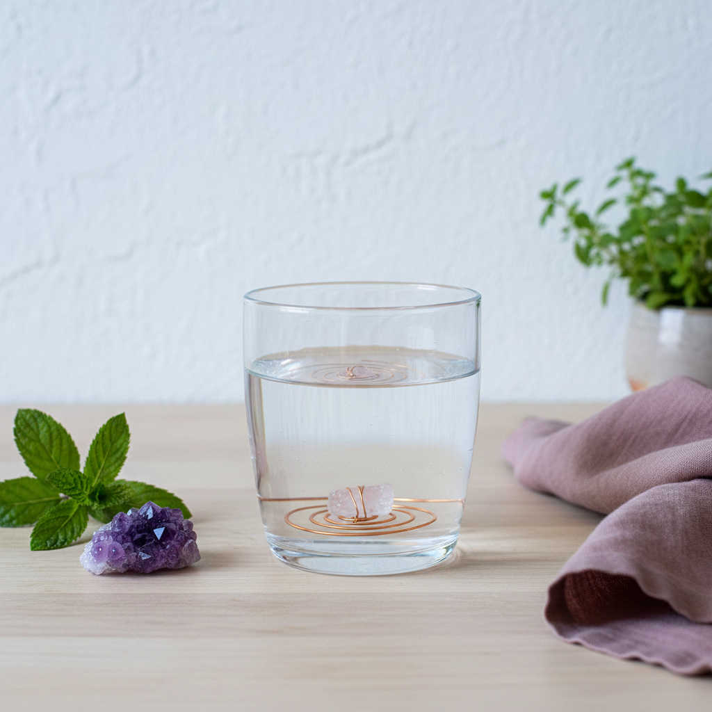 Copper spiral crystal water charger with rose quartz displayed inside a clear drinking glass beside amethyst crystal and mauve linen cloth. — for Carpe Diem Dream