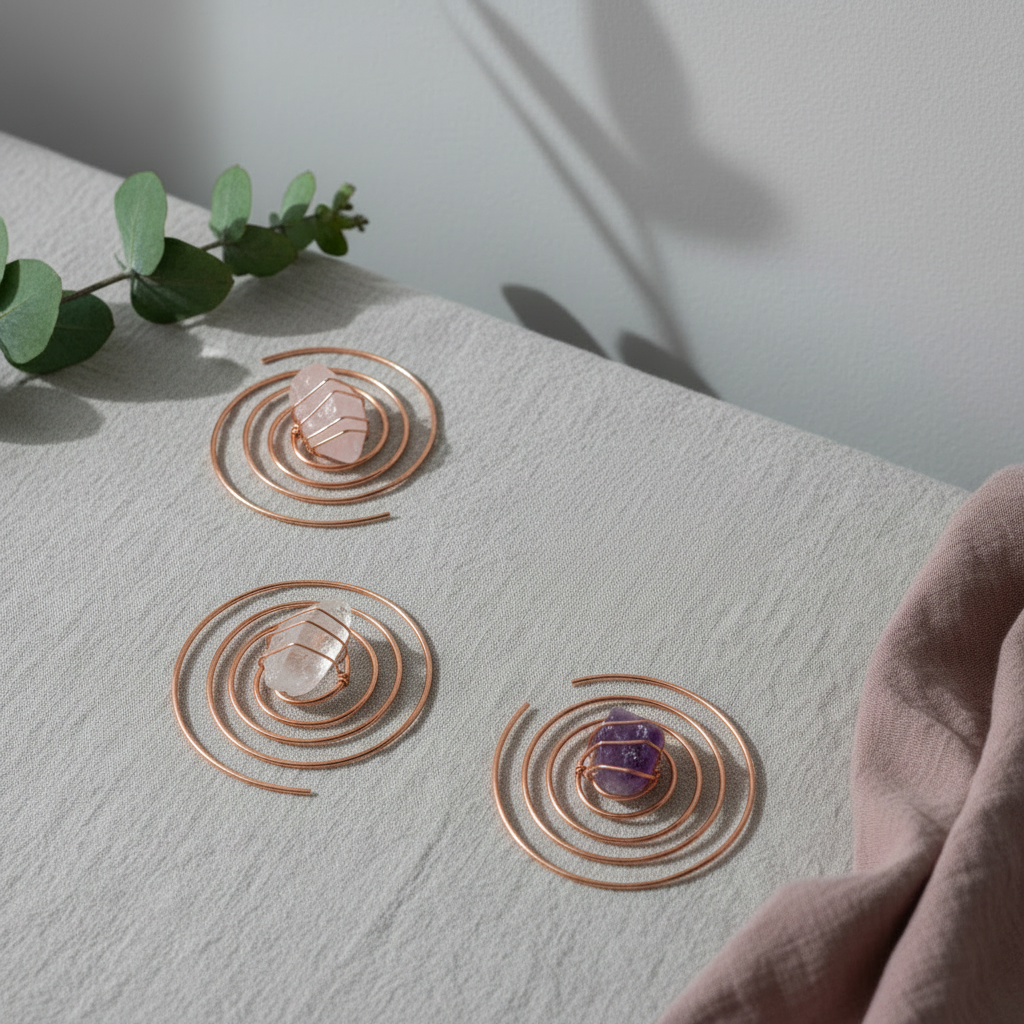 Copper spiral crystal water chargers with clear quartz, rose quartz, and amethyst displayed on textured ivory linen with eucalyptus and soft botanical shadows. — for Carpe Diem Dream