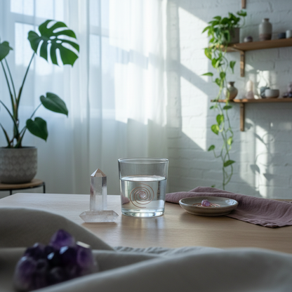 Copper spiral crystal water charger displayed inside a clear drinking glass in a softly lit sanctuary-inspired wellness space with crystals and plants. — for Carpe Diem Dream