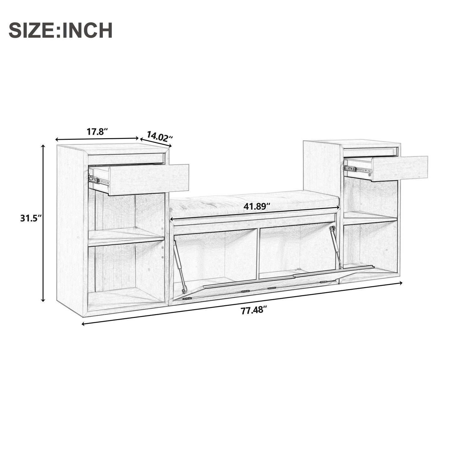 Entryway Storage Bench With Cushion | Drawers & Open Shelves | 4-finish options