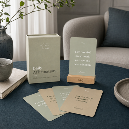 Daily affirmation cards with wooden display stand and storage box in a cool-toned mindful living room setting — for Carpe Diem Dream.