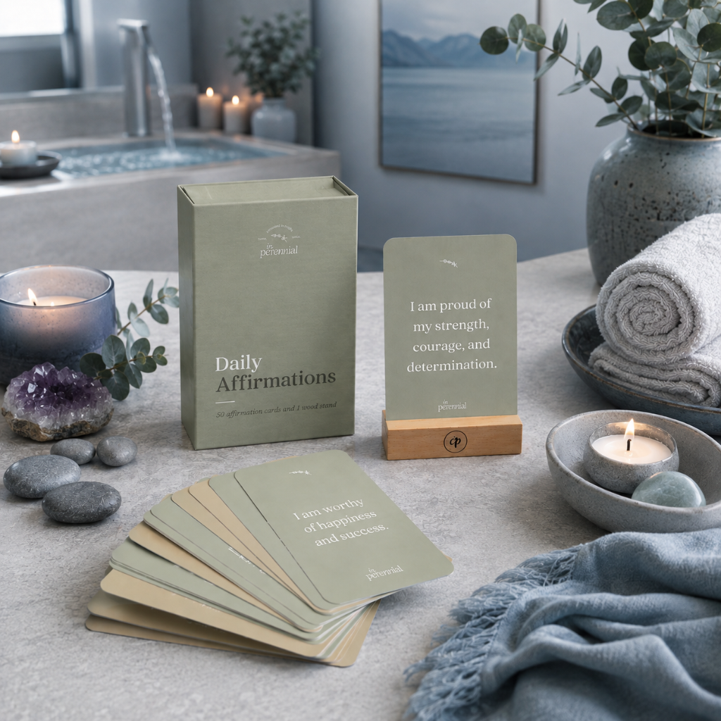 Daily affirmation cards with wooden stand in a cool-toned spa retreat setting with candles, crystals, towels, and greenery — for Carpe Diem Dream.