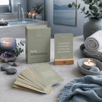 Daily affirmation cards with wooden stand in a cool-toned spa retreat setting with candles, crystals, towels, and greenery — for Carpe Diem Dream.