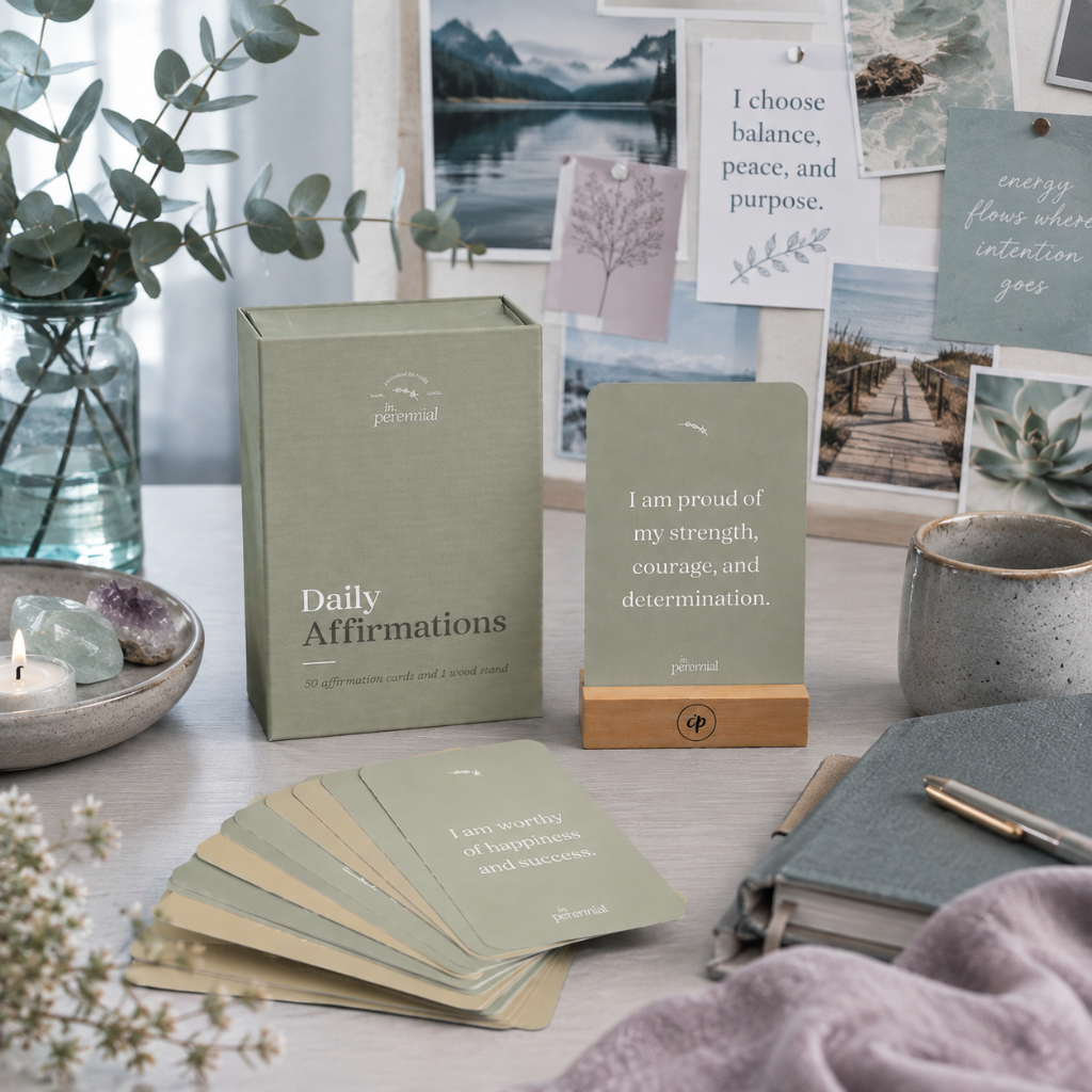 Daily affirmation cards with wooden stand in a cool-toned vision and intention setting with crystals, journal, eucalyptus, and inspiration board — for Carpe Diem Dream.