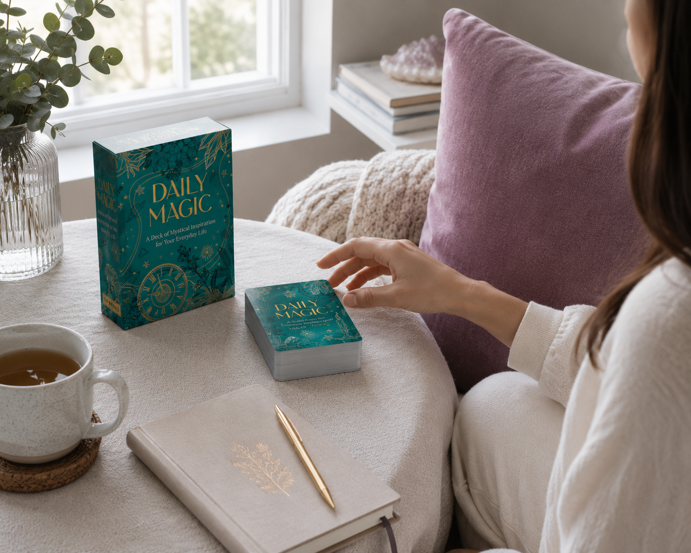 Daily Magic deck by Maia Toll displayed in a cool-toned morning reflection scene with tea, journal, and a woman reaching toward the deck before beginning her daily mindfulness practice. — for Carpe Diem Dream